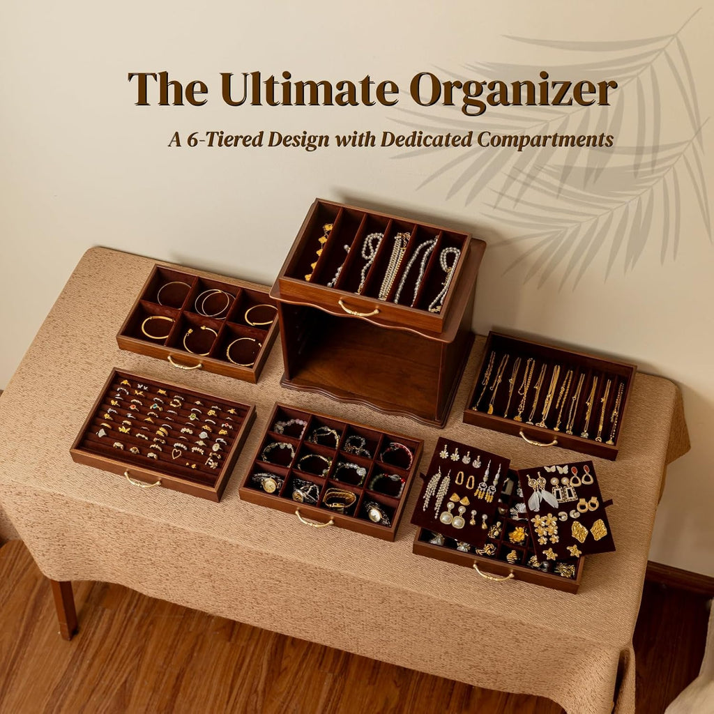 KINTNESS Black Walnut Wooden Jewelry Box - 6 Drawers Solid Wood Large Jewelry Organizer with Secret Compartment for Women Girls, Jewelry for Bracelet, Necklace, Ring, Earring