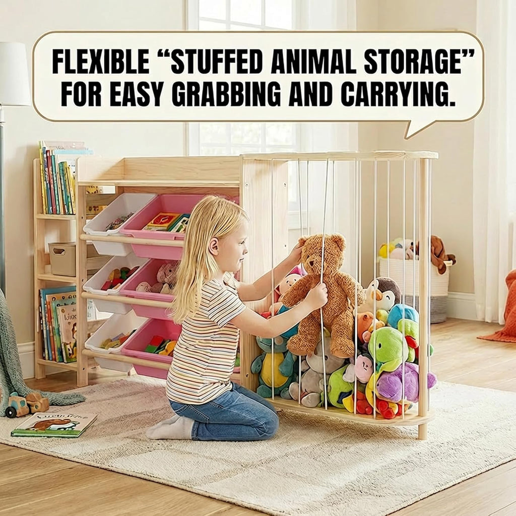 Amdermi Kid's Toy Storage Organizer with Bookcase & Plush Stuffed Animal Zoo, Multi-Bin Toy Storage Shelf for Toddlers, 4-in-1 Wooden Display Rack for Playroom, Bedroom & Nursery (Pink)