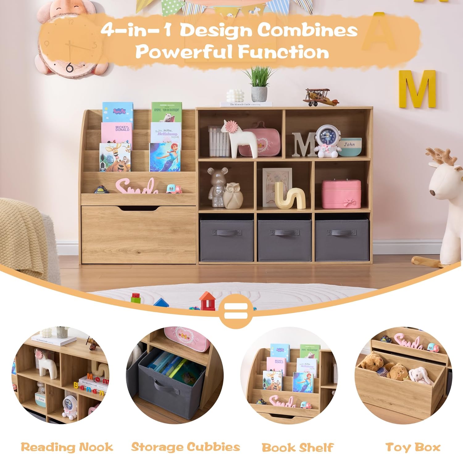 Fatmok Kids Bookshelf and Toy Storage, Toy Storage Organizers with Movable Drawers & 3 Storage Bins, Kids Reading Nook Toy Organizers Shelf with 5 Cubbies, Natral Wood