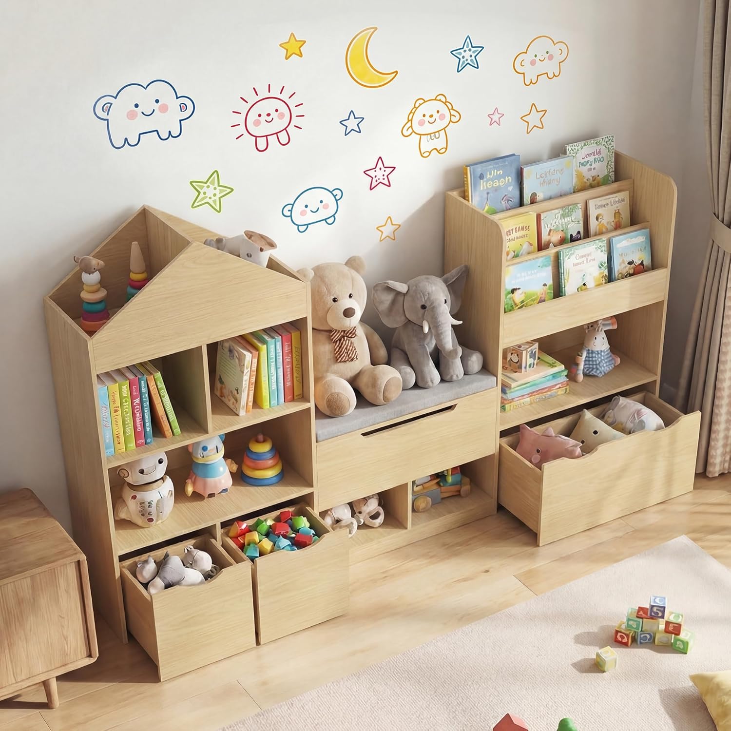 72" Kids Castle Bookshelf with Reading Nook, Large Toy Storage Organizer with Seat Cushion, 4 Drawers, Wheels, Kids Bookshelf and Bookcase w/8 Cubbies for Playroom, Nursery, Bedroom (Burlywood)