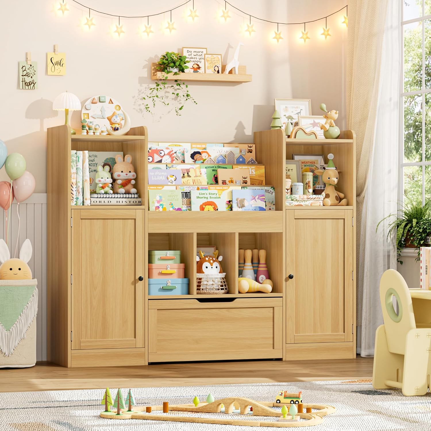 FOTOSOK Toy Storage Organizer with 2 Doors and Movable Drawer, 55.2'' W Toy Organizers and Storage with 9 Cubbies, Kids Bookshelf with Toy Shelf, Playroom Storage Toy Chest Cabinet for Playroom