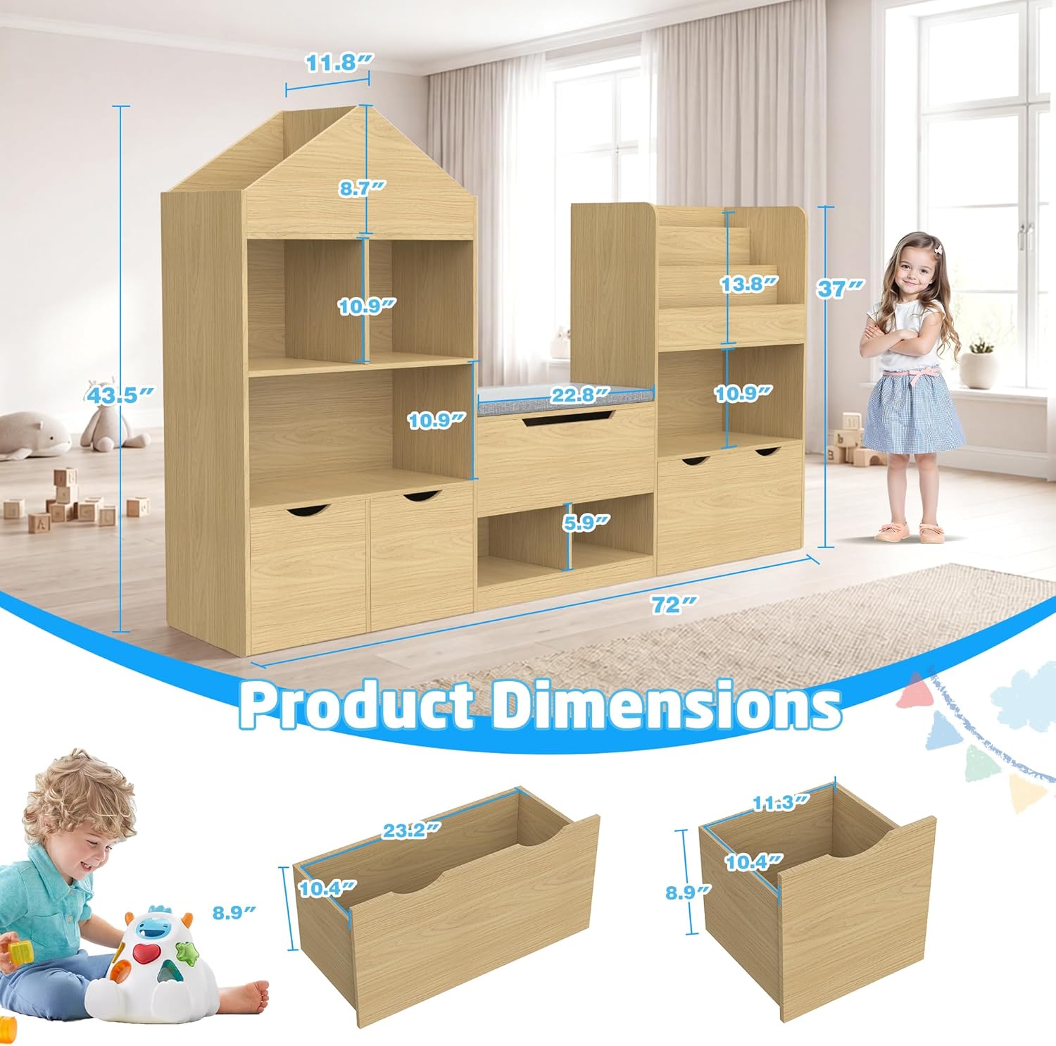 72" Kids Castle Bookshelf with Reading Nook, Large Toy Storage Organizer with Seat Cushion, 4 Drawers, Wheels, Kids Bookshelf and Bookcase w/8 Cubbies for Playroom, Nursery, Bedroom (Burlywood)