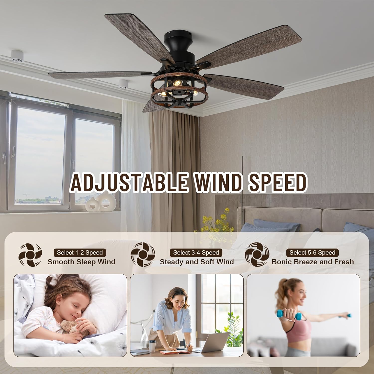 52" Farmhouse Ceiling Fans with Lights and Remote,Chandelier Ceiling Fan with 5 Double Colour Blades Reversible DC Motor,Rustic Caged Ceiling Fan for Living Room,Dining Room,Bedroom