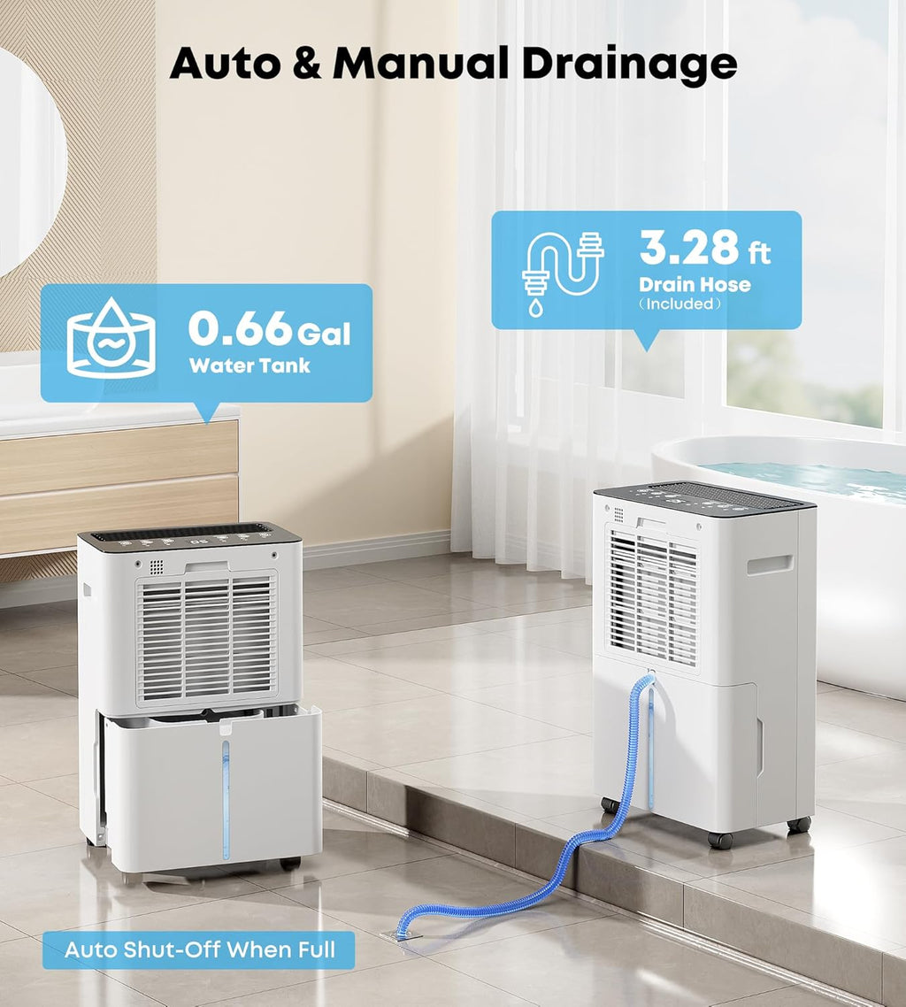 2500 Sq.Ft Dehumidifier for Basement, 32 Pint Dehumidifiers for Home with Drain Hose, Ultra Quiet 32dB, Smart Humidity Control, 24H Timer, Energy Efficient, Portable for Bedroom, Bathroom, RV