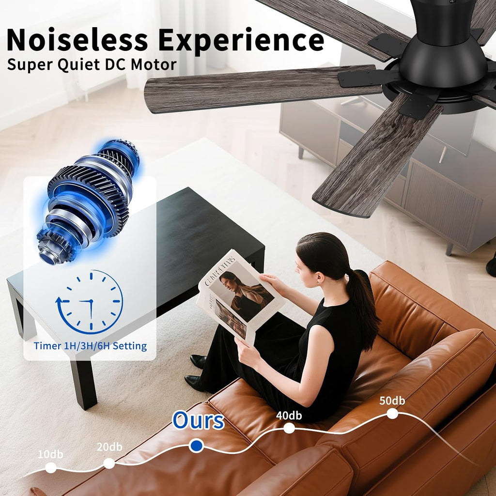 52 Inch Black Ceiling Fan with Lights and Remote, Flush Mount Low Profile 6 Blades with 10 Inch Lighting Fixture, Quiet Reversible DC Motor for Living Room, Bedroom and Patio