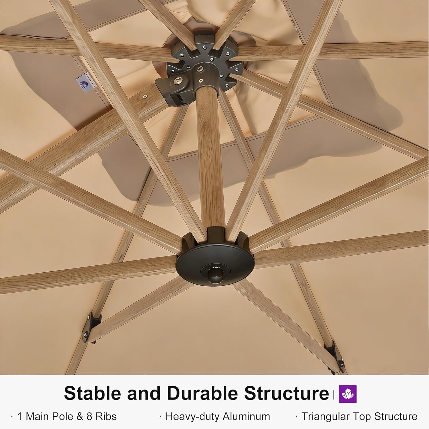 PURPLE LEAF 12FT Patio Umbrella Square Cantilever Umbrella Teak Finished Aluminum Frame Large Windproof Offset Outdoor Sun Umbrellas for Beach Pool Deck, Beige