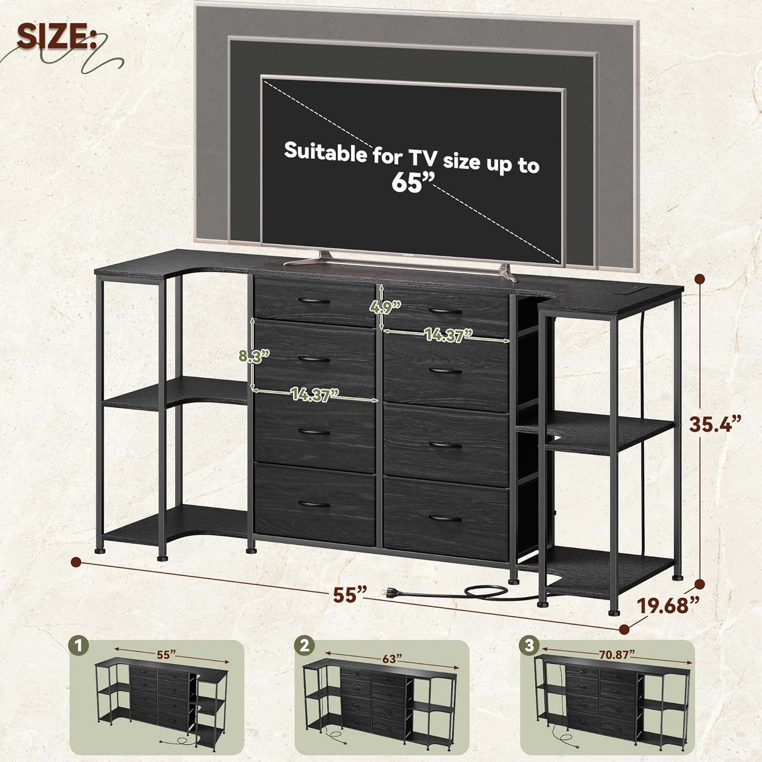 8 Drawer Dresser for Bedroom with Charging Station,3 Configurations (U/L/Linear), Fits 55/65/75''TV,Large TV Stand with 5 Wooden Storage Shelves,Entertainment Center for Living Room,Hallway,Black