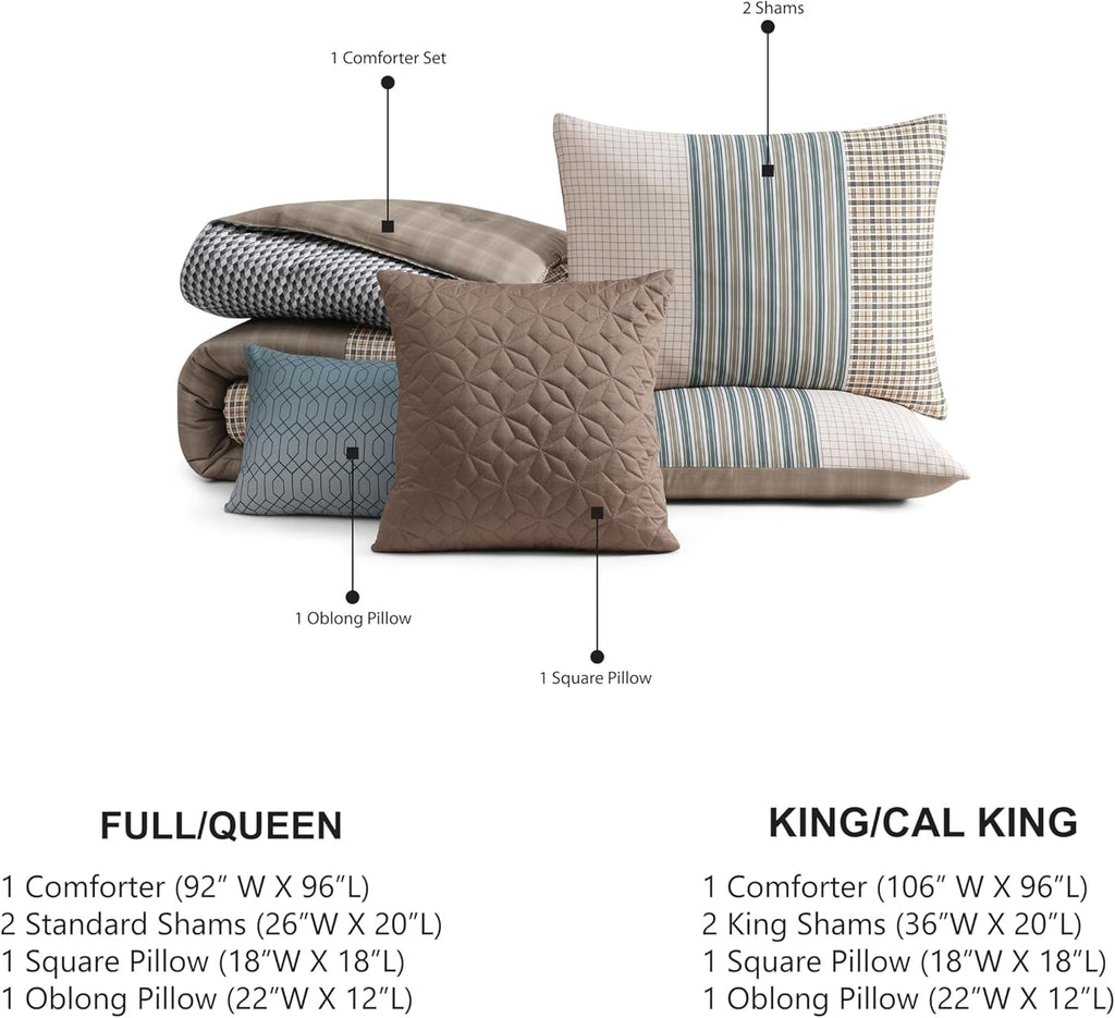 Bebejan Tranquil Patch 5 Piece Comforter Set, 100% Cotton Sateen, 220 Thread Count, Blue Reversible Bedding Comforter Set, 1 Comforter, 2 Shams & 2 Pillows (King/Cal King)