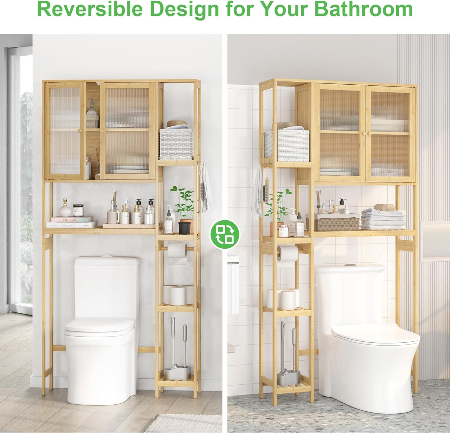 Over the Toilet Storage Cabinet Above Toilet Bathroom Organizer with Toilet Paper Holder Stand Bath Organizer with Adjustable Shelves & Acrylic Doors,Anti-Tip Device (Nature)