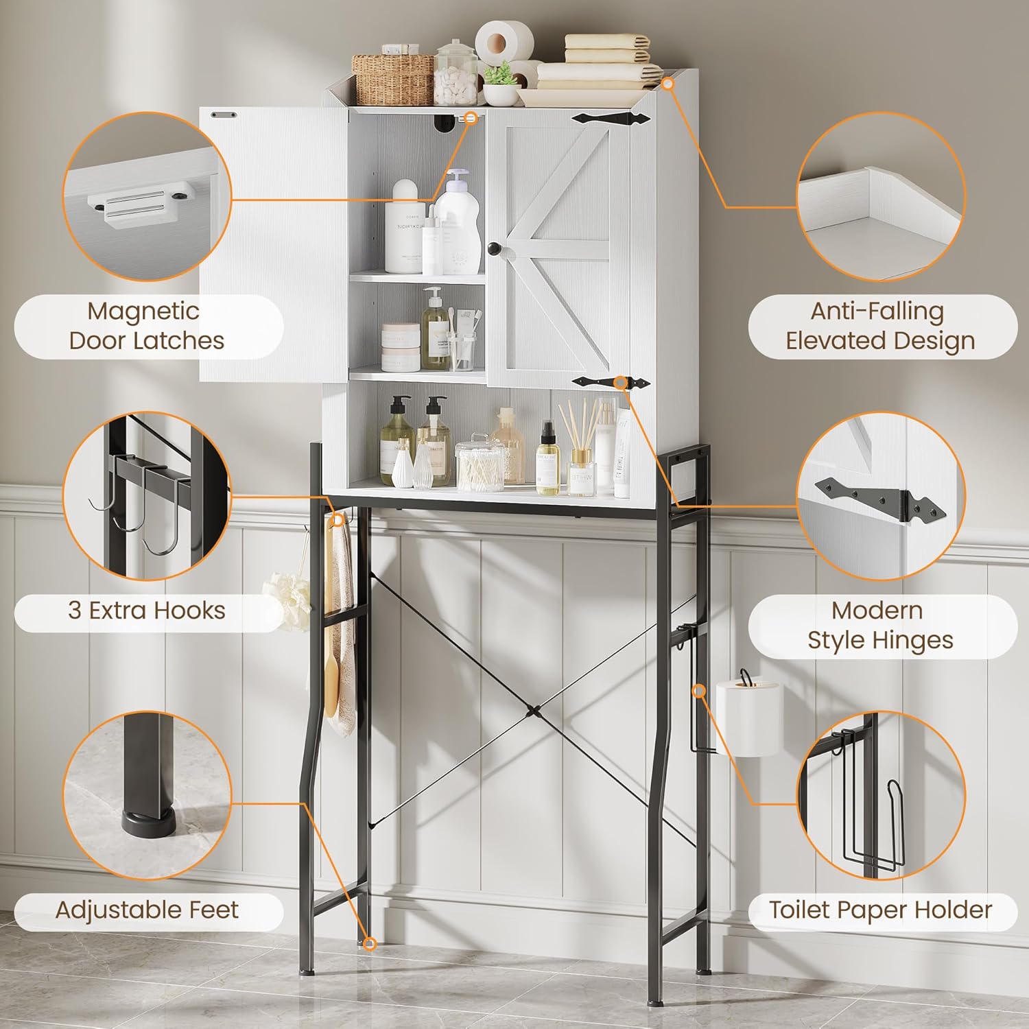 Memobarco Over The Toilet Storage Cabinet, Over Toilet Organizer with 2-Door & Metal Stand, Bathroom Organizers and Storage with Adjustable Shelves for Bathroom, Restroom, Laundry, White