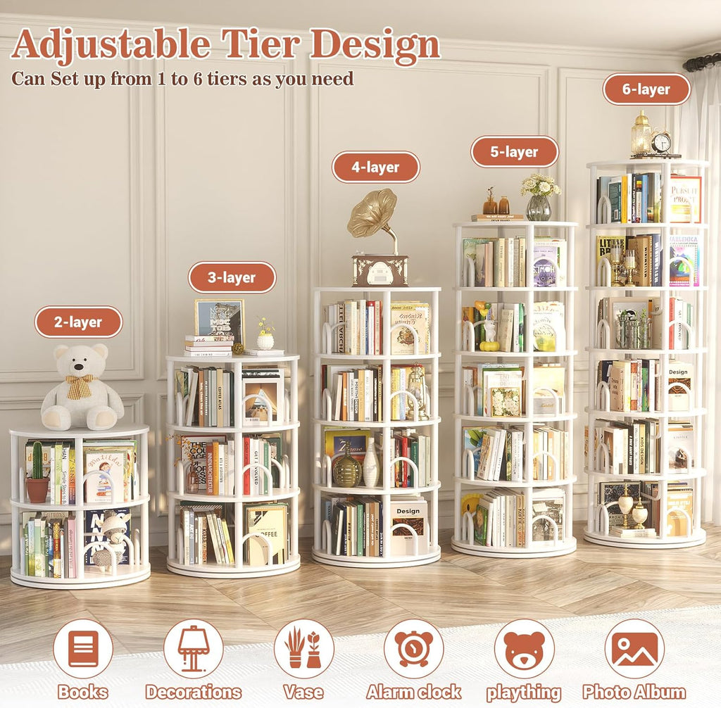 Aheaplus 6 Tier Rotating Bookshelf Tower, Revolving Bookcase, 360° Round Spinning Book Shelf, Narrow Swivel Bookshelves Vertical Rolling Turning Corner Bookshelf Organizer for Small Space, White