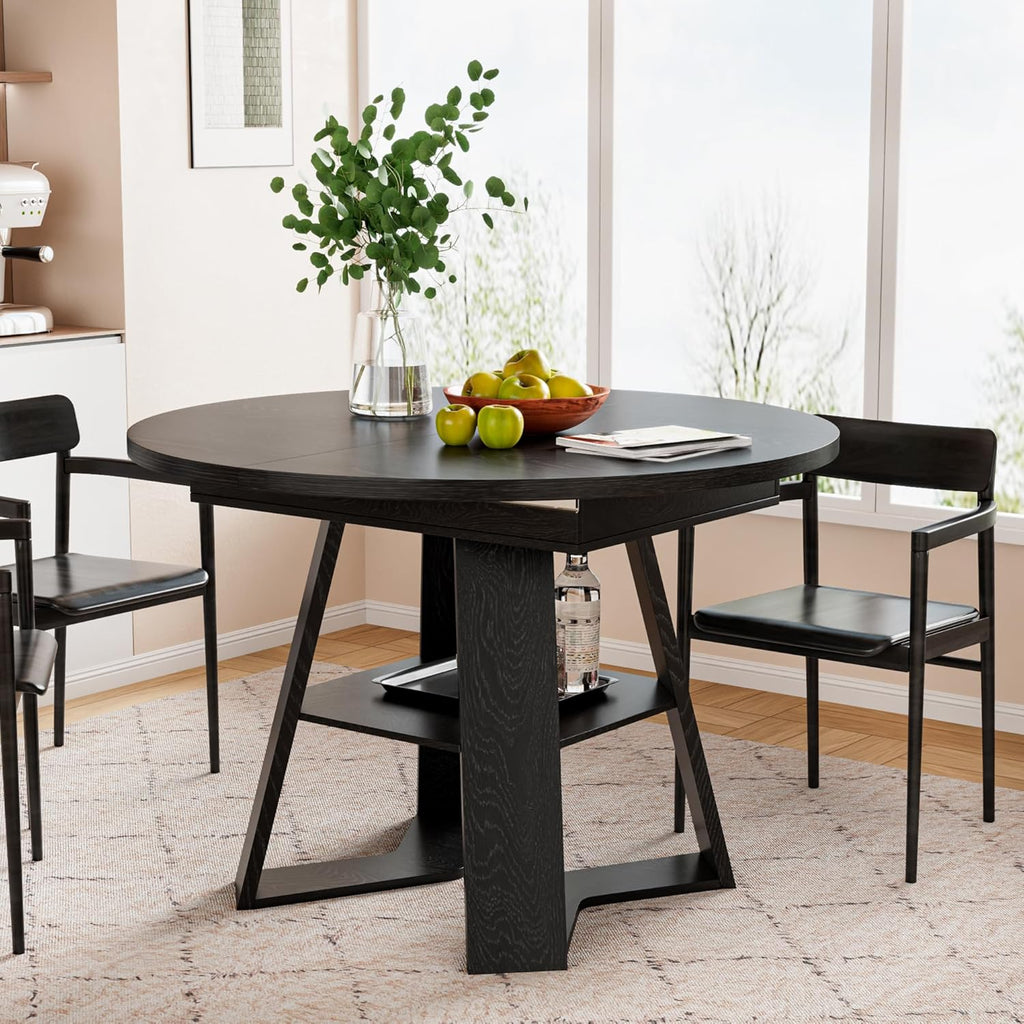 43.3in-59in Extendable Round Dining Table for 2-8,Modern Kitchen Oval Dining Table with Removable Leaves Space Saving,Wood Base with Storage Shelf for Kitchen Living Room (Black Style 3)