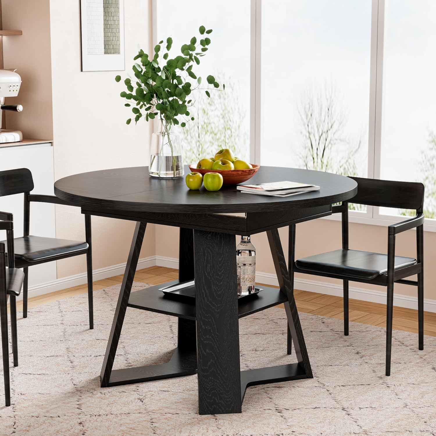43.3in-59in Extendable Round Dining Table for 2-8,Modern Kitchen Oval Dining Table with Removable Leaves Space Saving,Wood Base with Storage Shelf for Kitchen Living Room (Black Style 3)