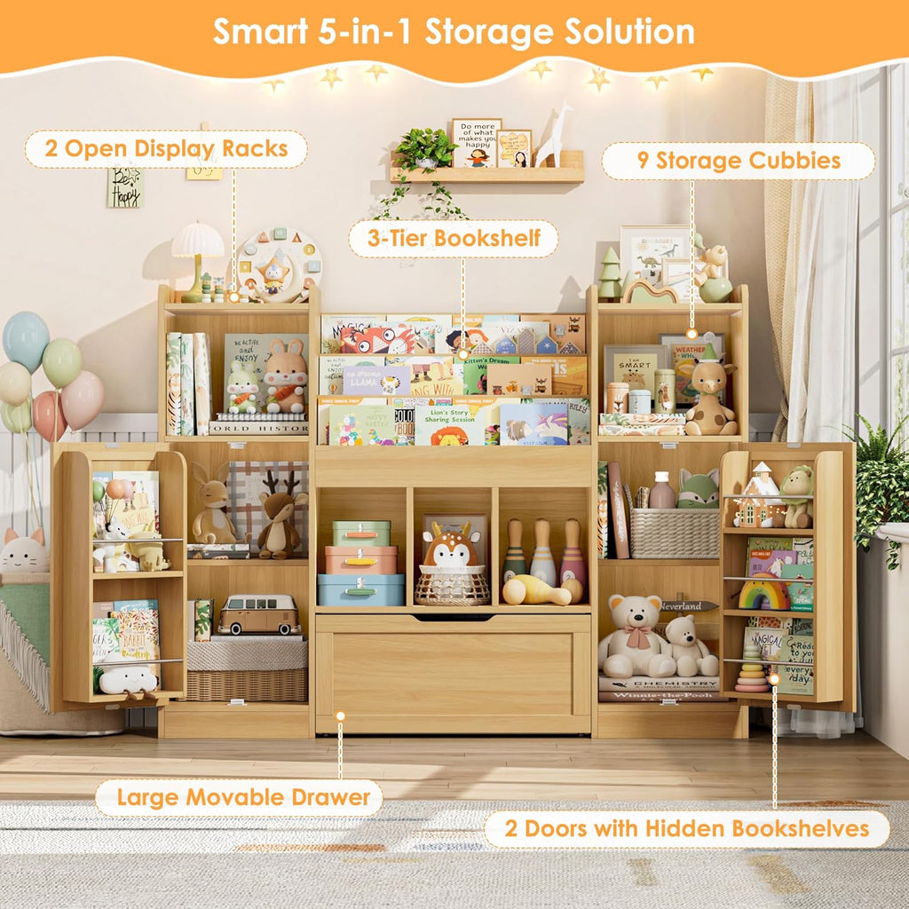 FOTOSOK Toy Storage Organizer with 2 Doors and Movable Drawer, 55.2'' W Toy Organizers and Storage with 9 Cubbies, Kids Bookshelf with Toy Shelf, Playroom Storage Toy Chest Cabinet for Playroom