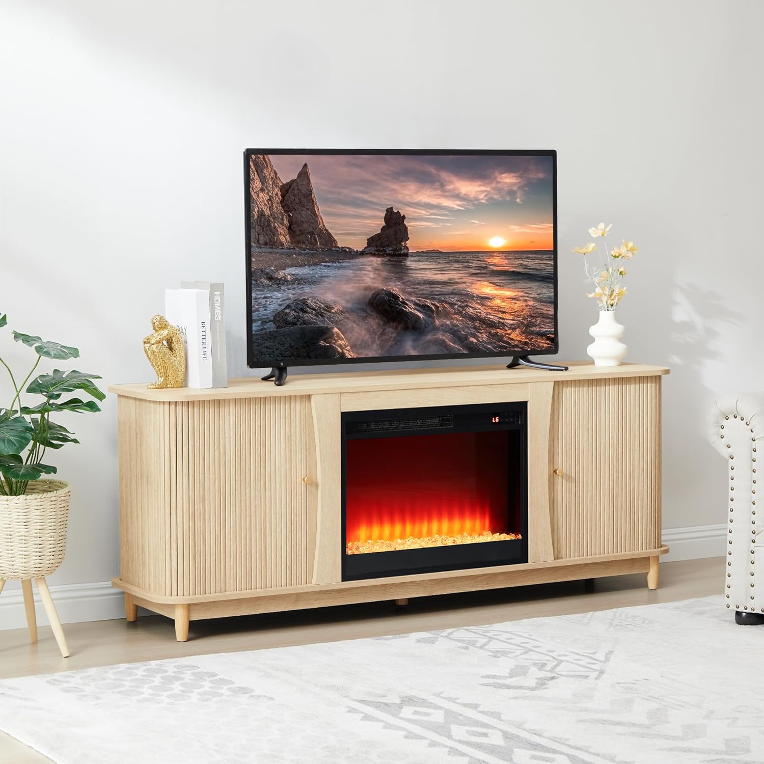 Fireplace TV Stand, Fluted TV Stand with Storage and Sliding Door, Farmhouse Entertainment Center Media Console Table for Living Room (Natural)
