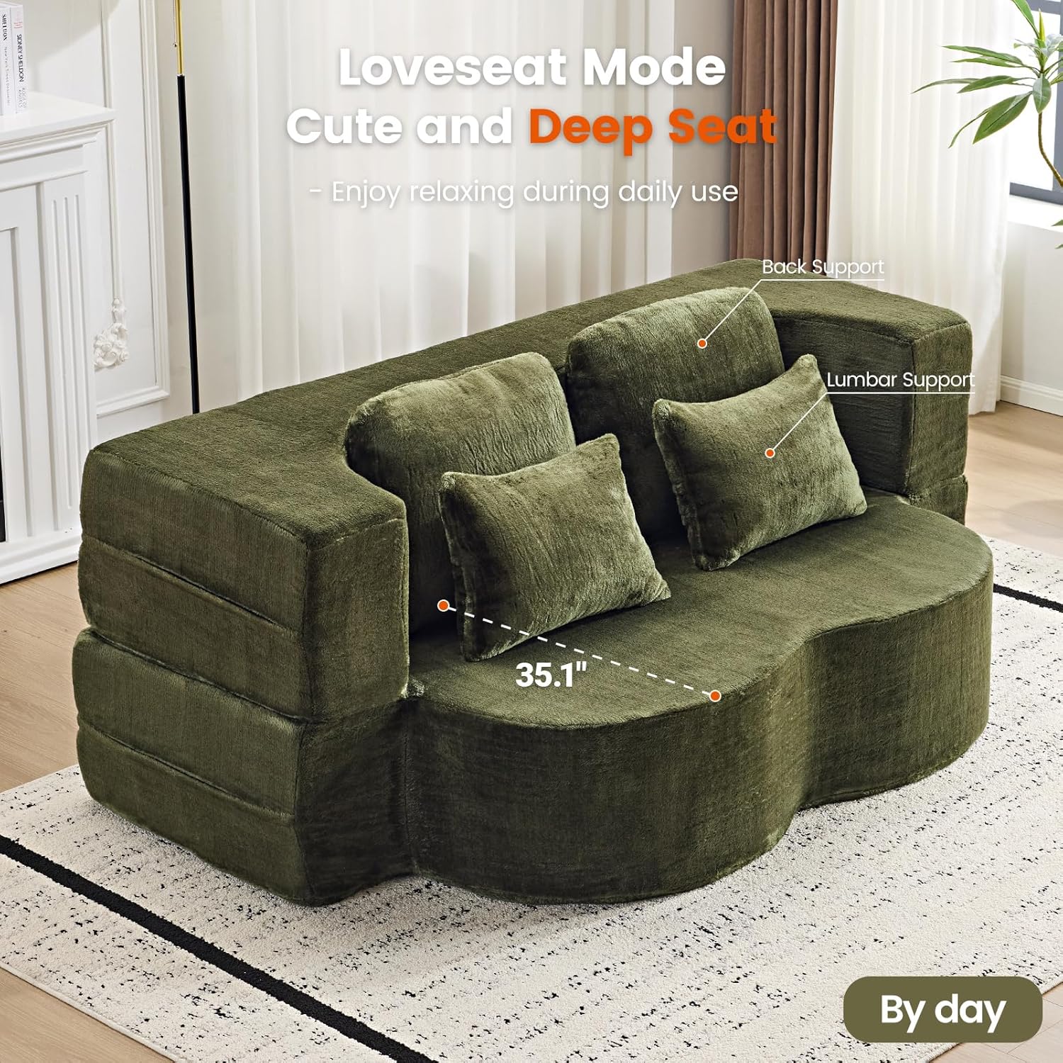 Convertible Folding Sofa Bed, 78” Full Size Loveseat Sleeper Sofa, Chenille Foldable Boneless Floor Couch with 4 Pillows for Guest Living Room Bedroom, No Assembly Required (Green)