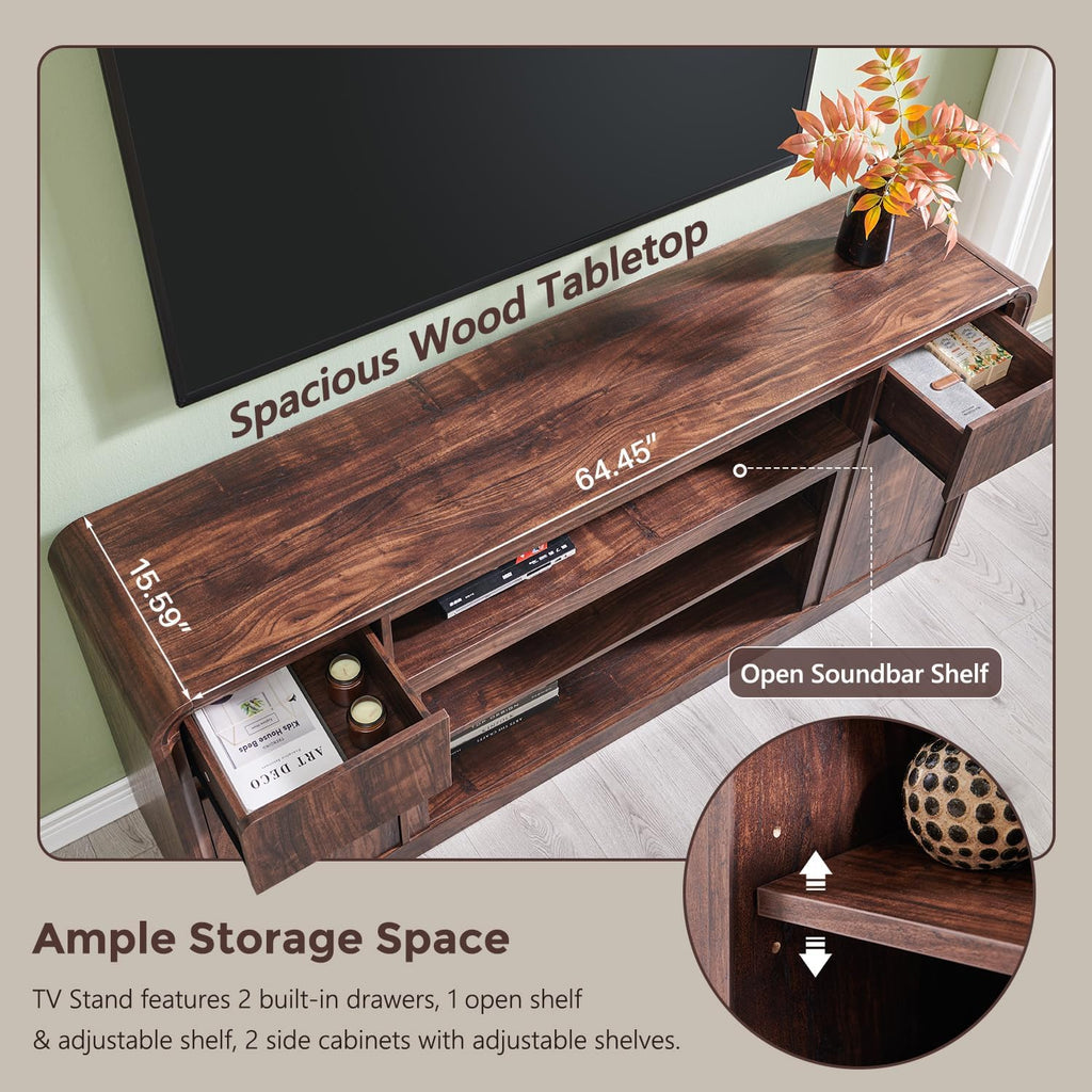 Modern TV Stand for 80 Inch TVs, 32"Tall Entertainment Center w/Storage Cabinet& drawers, Media Console Cabinet w/Soundbar & Adjustable Shelves for Living Room, Curved Profile Design, 70 inch (Brown)