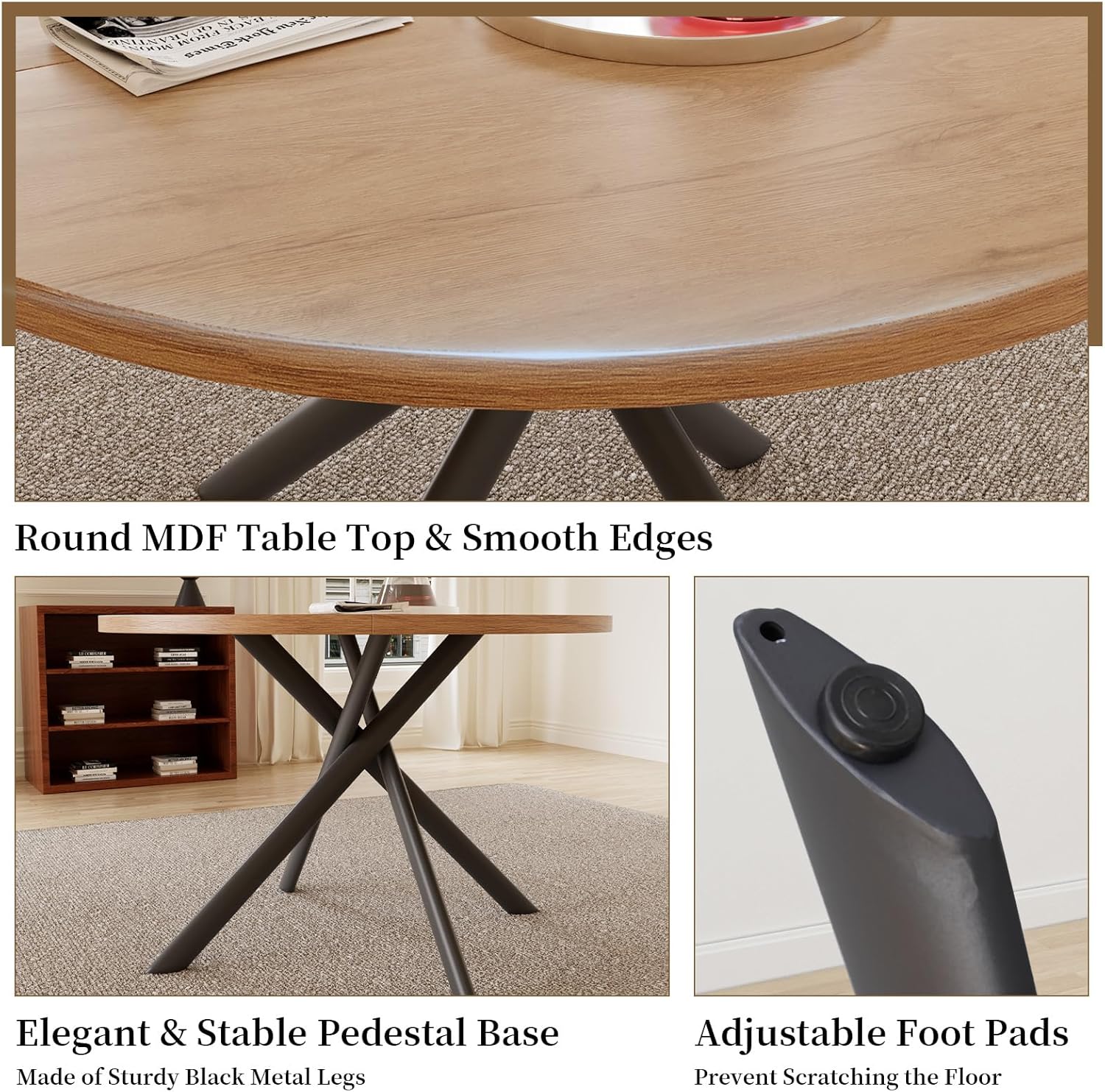HIPIHOM 45.3 Inch Round Dining Table Set for 4, Mid Century Modern Small Kitchen Coffee Set for Dining Room Kitchen Apartment (Oak Table + 4 White Chairs)