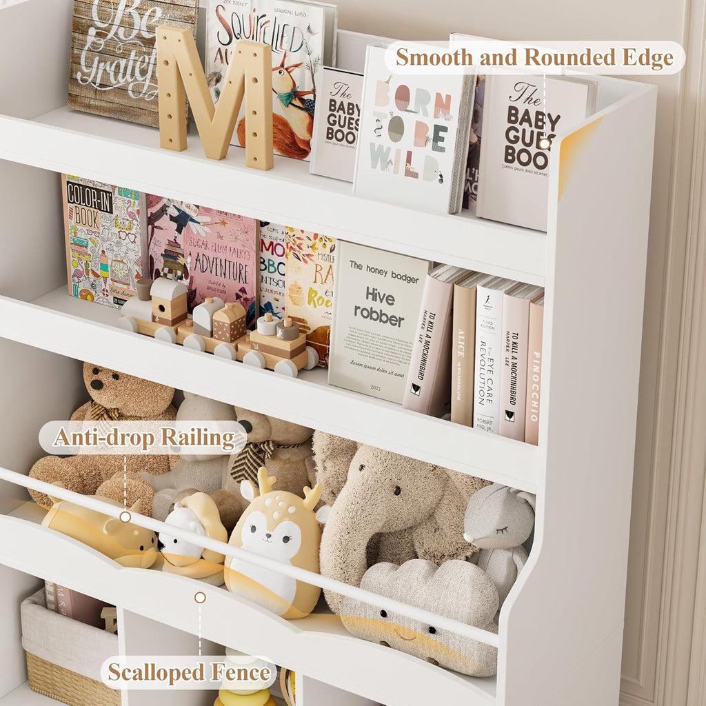 HITHOS 55.3" H Kids Bookshelf with Toy Storage Organizer, Tall Book Shelf with 3 Movable Toy Storage Bins, Large Kids Bookcase with Toy Chest, 39.2" W Modern Toy Box for Kid Room, Playroom, White
