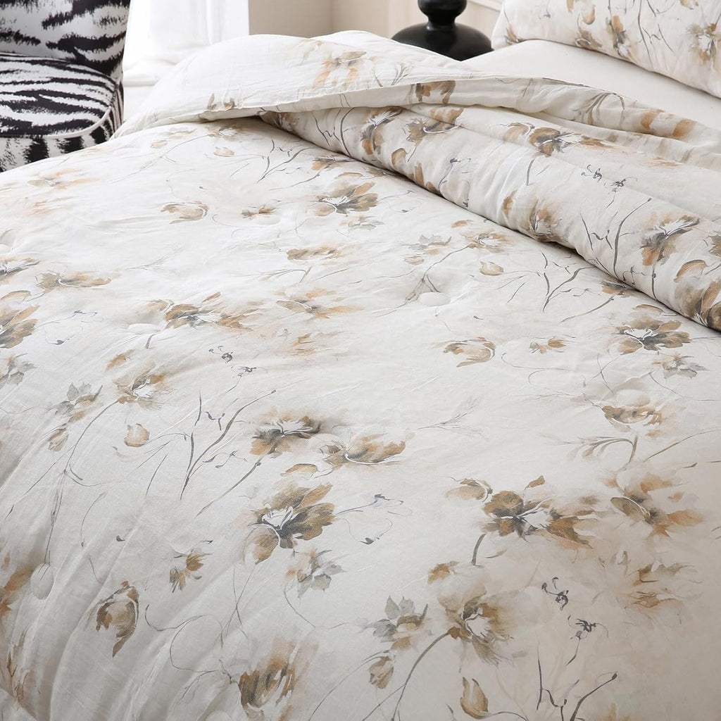 Merryword Linen Floral Comforter Set King Size 3 Pieces Natural French Flax Linen Bedding Soft Breathable Moisture Wicking Comfy