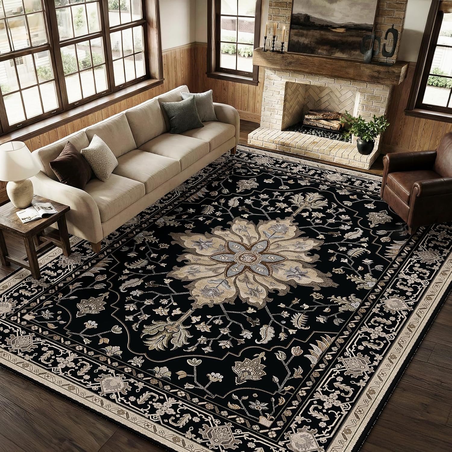 RELEANY Area Rugs 9'x12' Washable Non-Slip, Floral Vintage Distress Print Pattern Medallion Carpet for Living Room Bedroom Dining Room, Black Brown Neutral Dark Tan