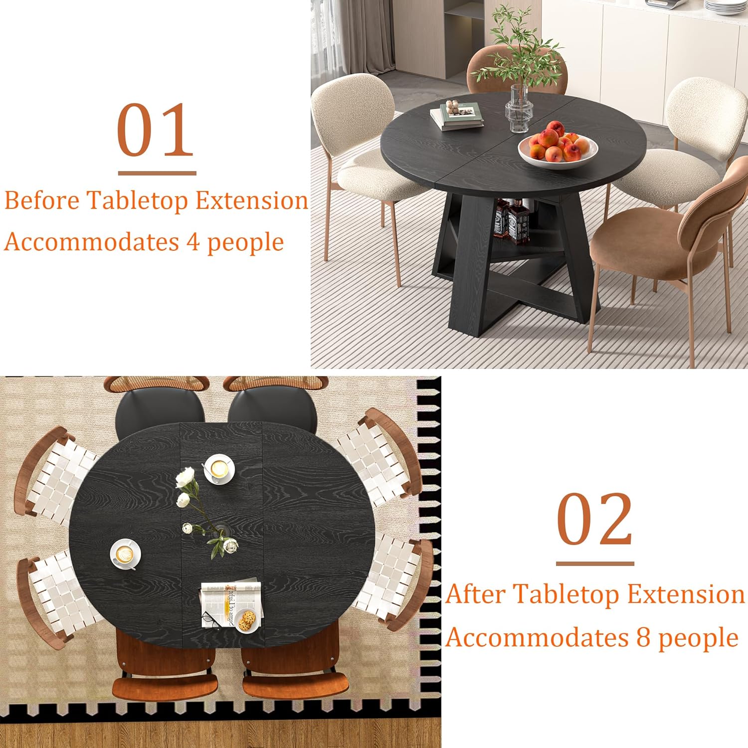 43.3in-59in Extendable Round Dining Table for 4-8,Modern Kitchen Oval Dining Table with Removable Leaves Space Saving,Wood Base with Storage Shelf for Kitchen Living Room (Black)