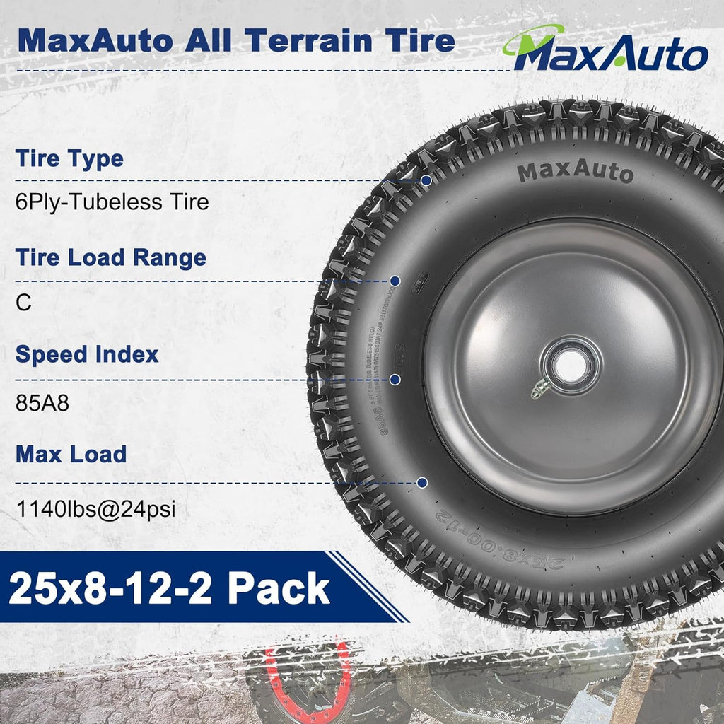 MaxAuto 2pcs 25x8-12 ATV UTV Tires, 25x8x12 All Terrain Side by Side Tires, 25 8 12 Mud Tire, 6Ply Tubeless