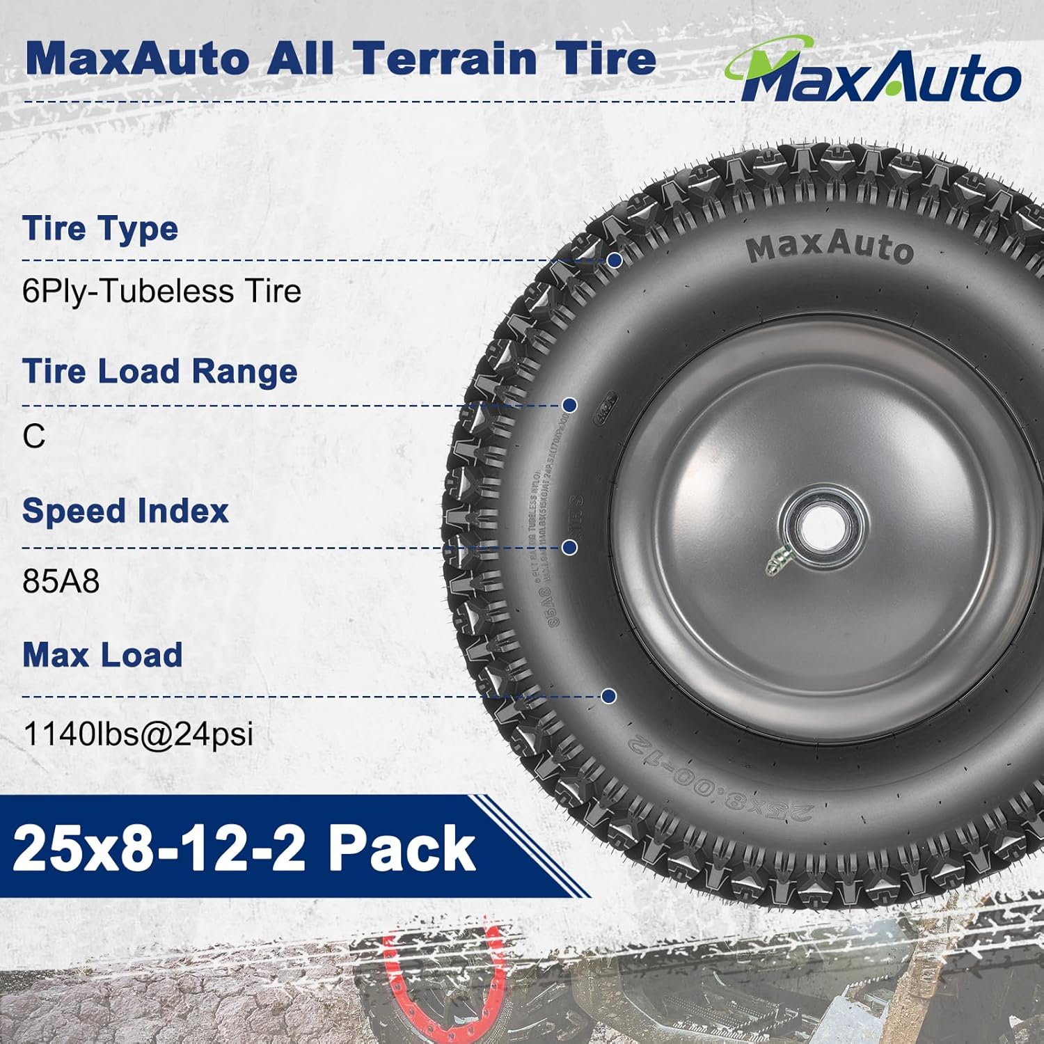 MaxAuto 2pcs 25x8-12 ATV UTV Tires, 25x8x12 All Terrain Side by Side Tires, 25 8 12 Mud Tire, 6Ply Tubeless