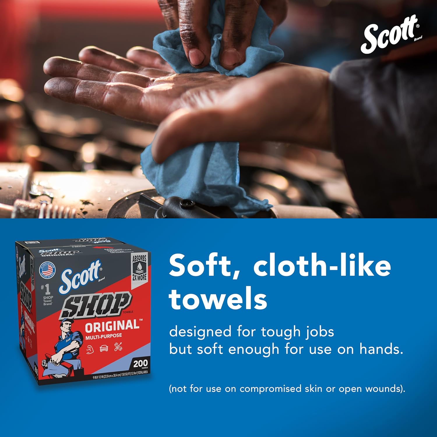 Scott Shop Original Blue Towels (75190), 9"x12" Cloth-like Paper Towel (8 Boxes of 200 Sheets, 1,600 Sheet Total)