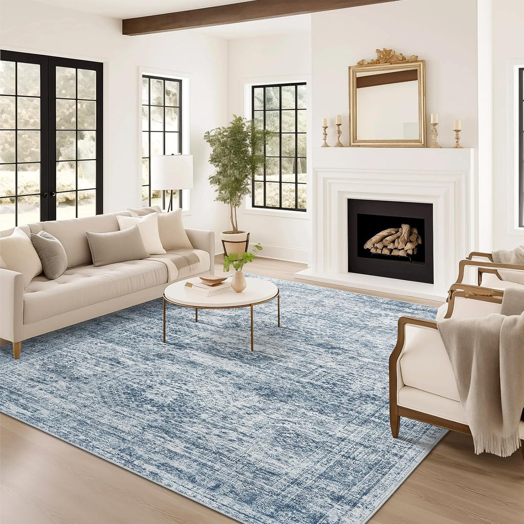 Soalmost 9x12 Area Rugs for Living Room, Non Slip Machine Washable Vintage Rugs, Low Pile Lightweight Large Rug for Bedroom, Dining Room, Home Office Blue