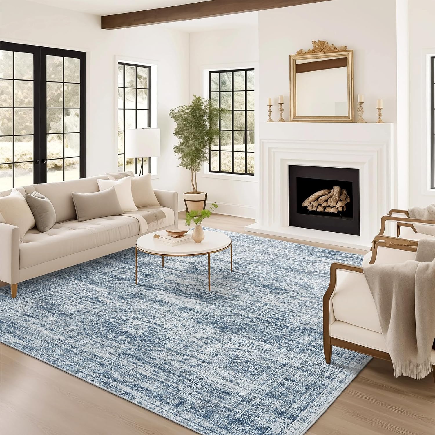 Soalmost 9x12 Area Rugs for Living Room, Non Slip Machine Washable Vintage Rugs, Low Pile Lightweight Large Rug for Bedroom, Dining Room, Home Office Blue