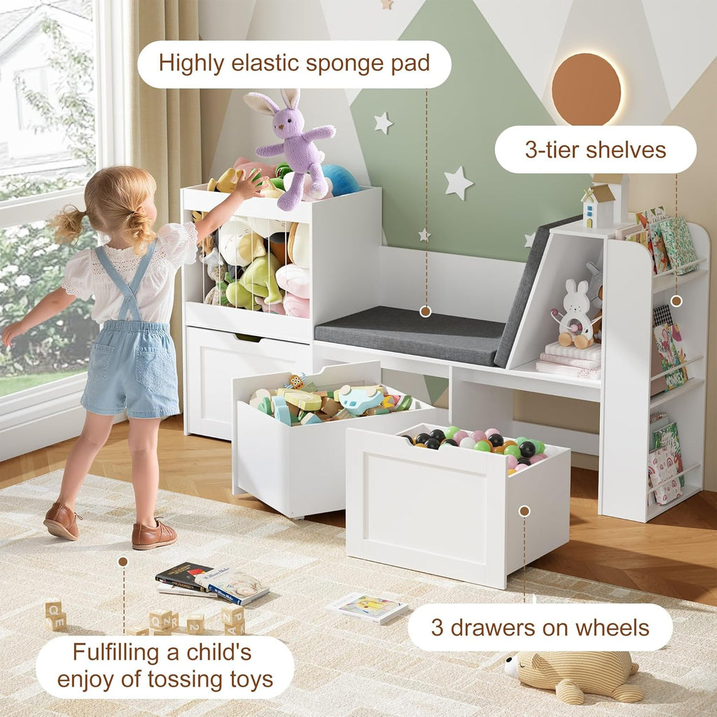 66.9" Kids Reading Nook, Toy Storage Organizer with Stuffed Animal Storage, Bench and Removable Cushions, Wooden Toddler Bookshelf with 3 Movable Drawers for Nursery, Playroom (White)