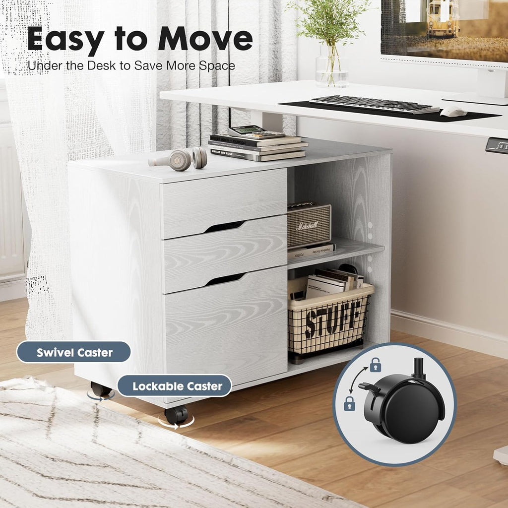 DUMOS Lateral File Cabinet with 3 Drawers Rolling Filing Cabinets Under Desk Storage Printer Stand Wood Organizer with Wheels Adjustable Shelf for Office Home Small Space, White