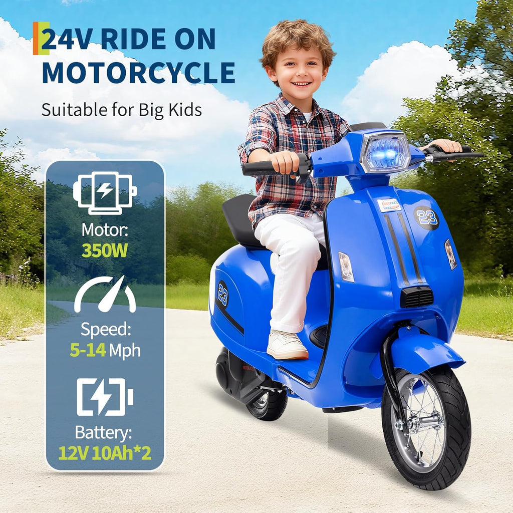24V Moped Scooter for Kids - Electric Motorcycle for Kids - Electric Scooter with Seat for Children - Ride on Toy with LED Light for Girls