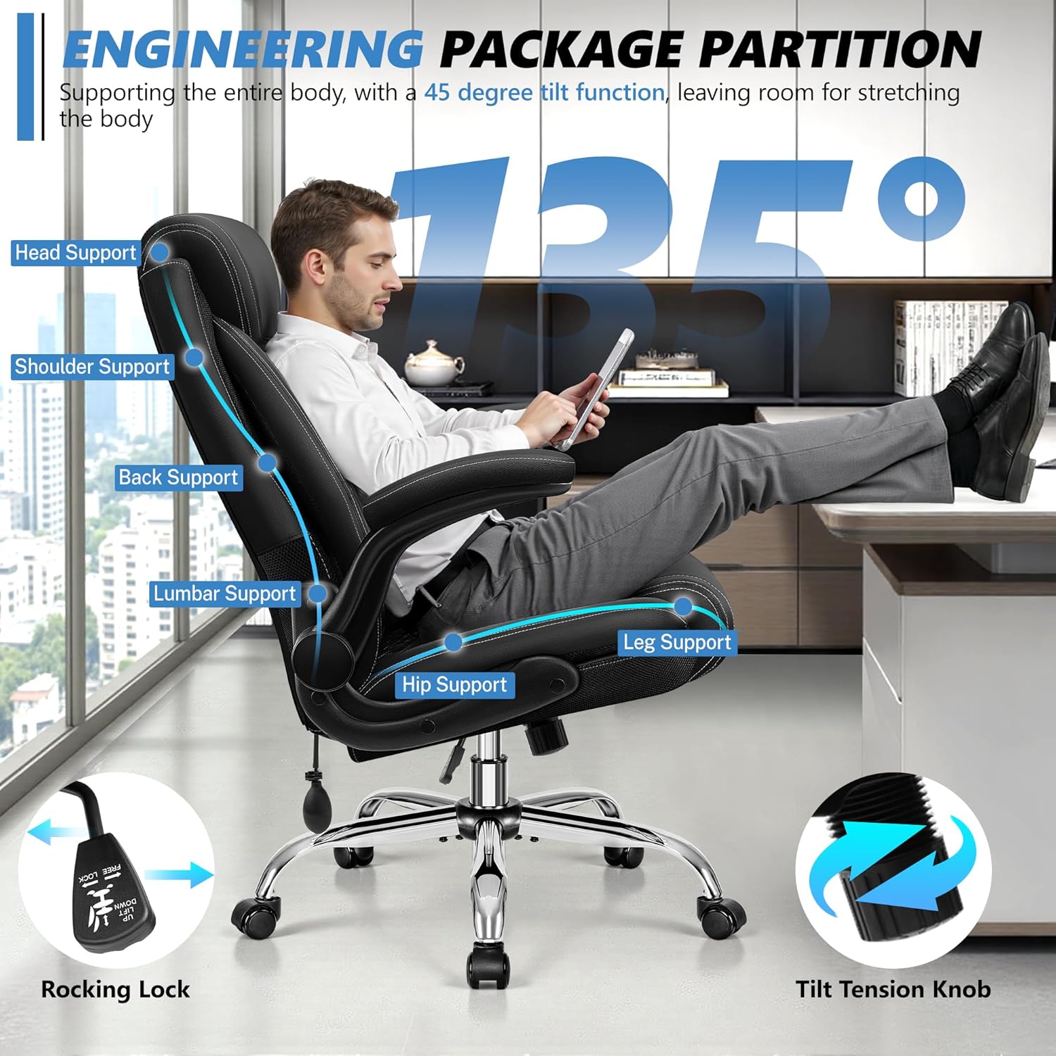 Office Chair, Big and Tall Ergonomic Desk Chair, Executive Leather Computer Chair with Adjustable Lumbar Support, Comfy Gaming Chair with Flip Up Arms, Swivel PC Chair with Rocking Function, Black