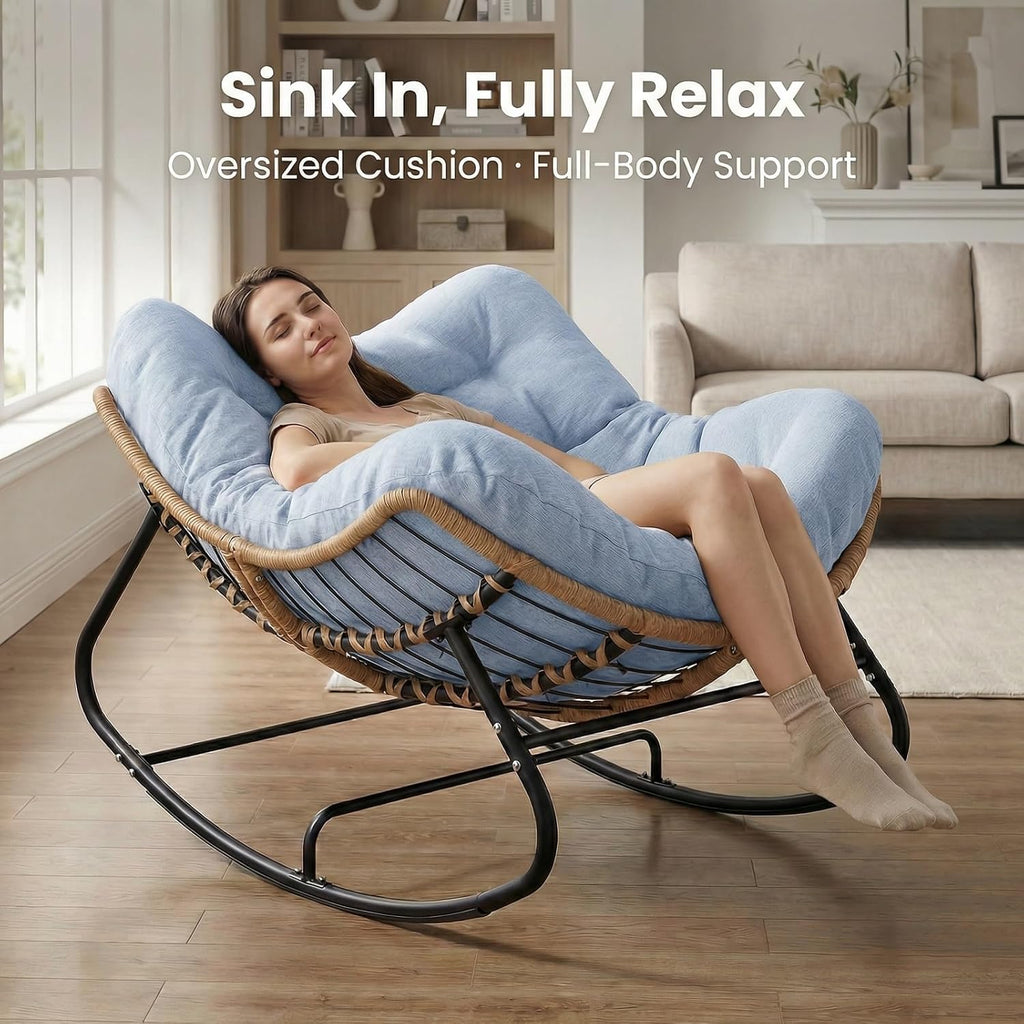 SWITTE Outdoor Rocking Chair, Oversized Patio Papasan Rocker, Comfy Wicker Reading Lounge, Indoor Bed-Like Egg Chair for Bedroom,Balcony, Porch, Garden, Light Blue