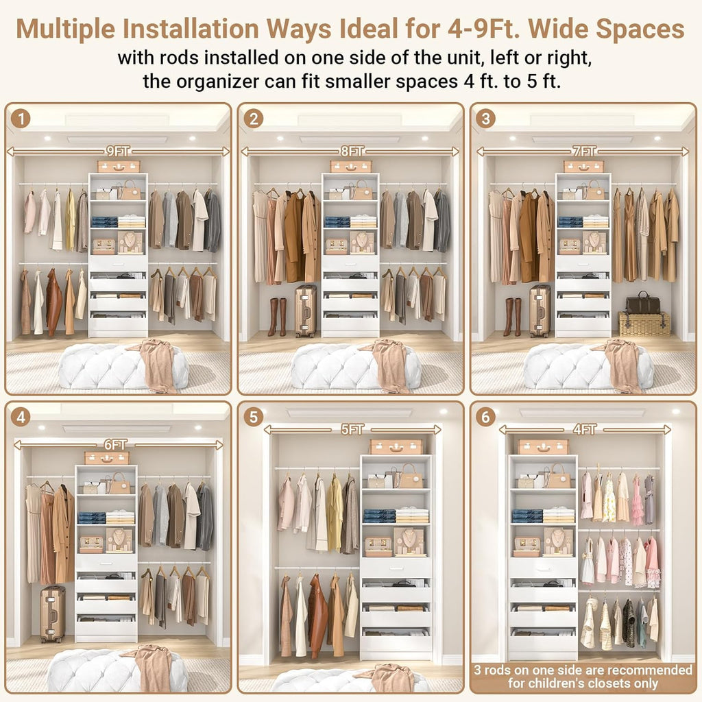 Aheaplus Closet System, 4-9Ft Closet Organizer with 4 Wooden Drawers, Wood Closet Organizer System with Tower, Walk-in Closet Organizer Wardrobe Clothes Rack with 4 Hanging Rods, Garment Rack, White