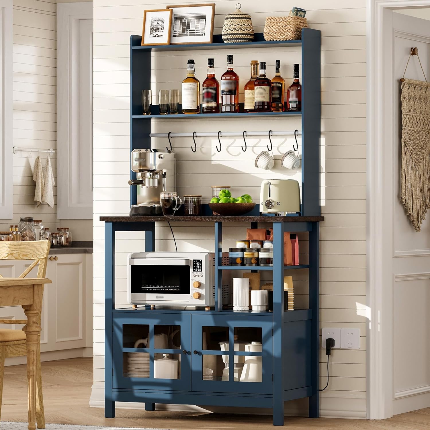 ChooChoo Farmhouse Coffee Bar Cabinet with Storage, Bakers Rack with Power Outlets, Microwave Stand Kitchen Cabinet with Hutch and 6 Hooks, Blue