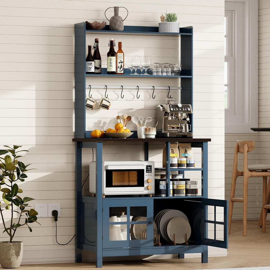 ChooChoo Farmhouse Coffee Bar Cabinet with Storage, Bakers Rack with Power Outlets, Microwave Stand Kitchen Cabinet with Hutch and 6 Hooks, Blue