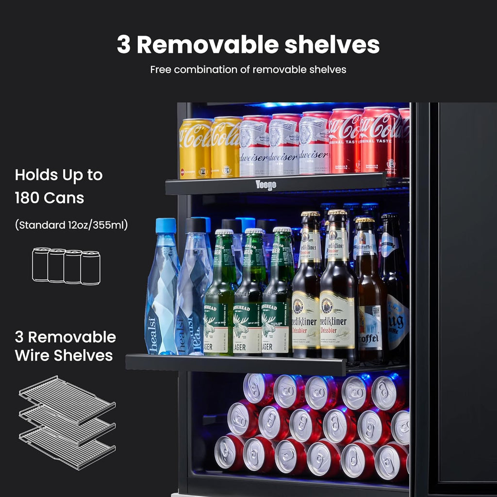 24 Inch Beverage Refrigerator – 180 Can Built-In Under Counter Drink Fridge with Glass Door, 34–54°F Cooling for Beer, Soda & Wine (Right-Hinged)