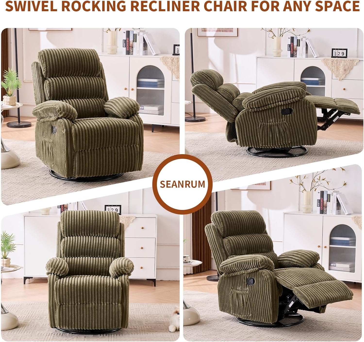 Cloud-Soft Velvet 360° Swivel Rocking Chair Nursery Recliner - High Back Gliding Recliner Chair, Plush Footrest, Supportive Armrests & Side Storage Pocket, Ideal for Nursery & Living Room, Green