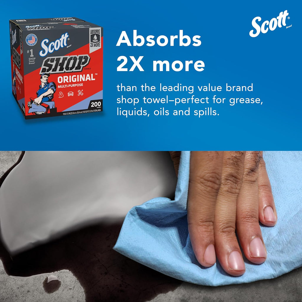 Scott Shop Original Blue Towels (75190), 9"x12" Cloth-like Paper Towel (8 Boxes of 200 Sheets, 1,600 Sheet Total)