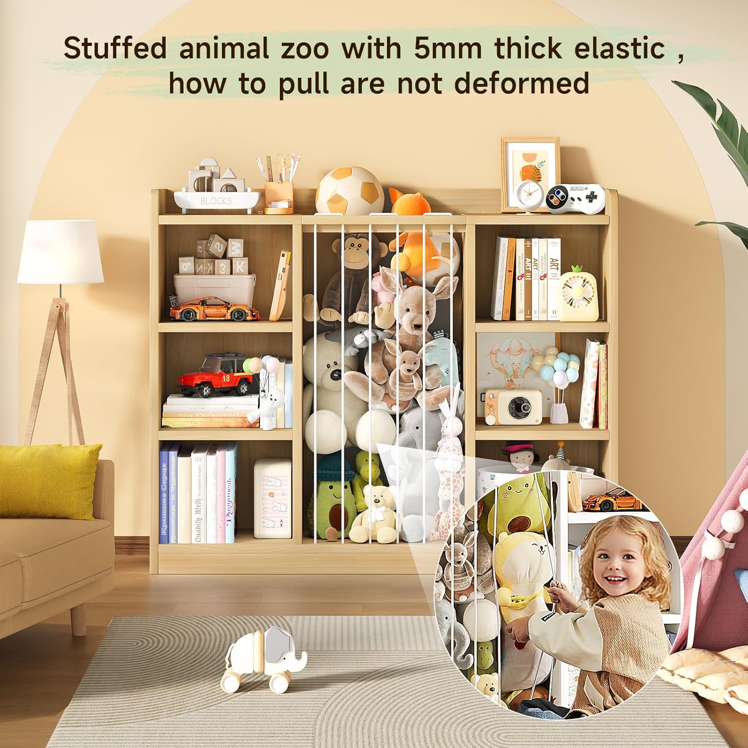 Toddler Stuffed Animal Zoo, Toy Storage Organizer for Playroom, Plush Toy Organizers and Storage, Book Shelf for Kids Rooms, Elastic Band Child Bookcase, Toy Shelf with 8 Storage Cubbies (Maple Wood)
