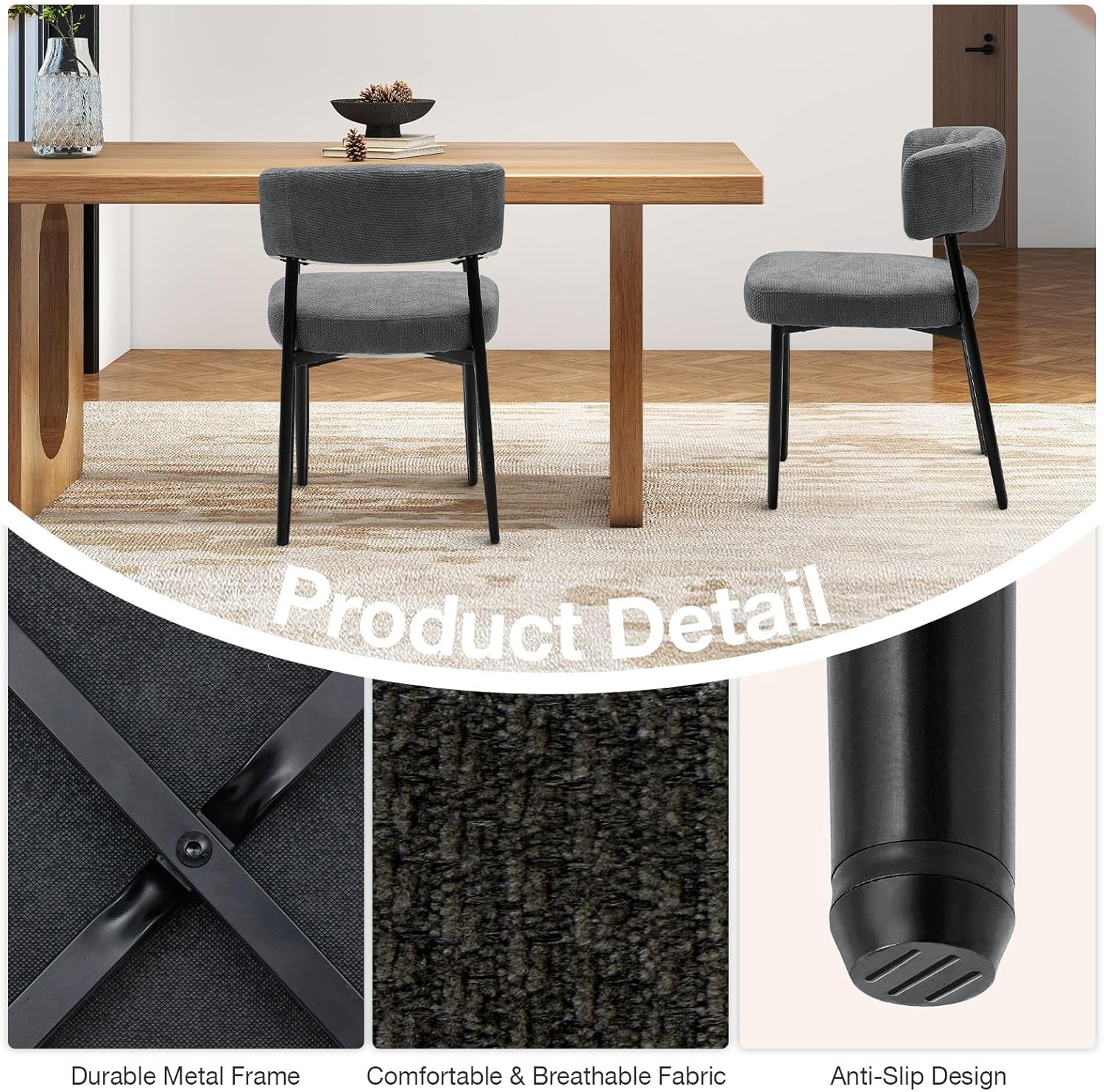 DUMOS Dining Chairs Set of 4, Mid Century Modern Chair Round Upholstered Curved Backrest, Kitchen Vanity Living Room Chairs with Black Metal Legs, Grey