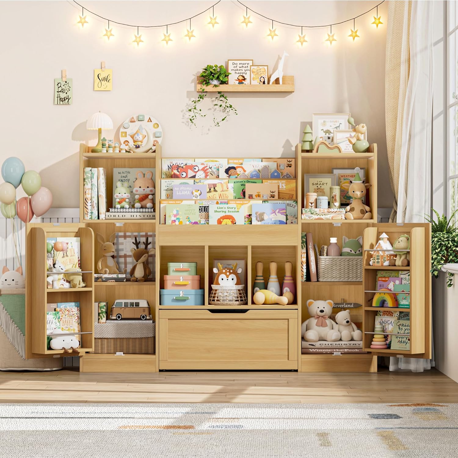 FOTOSOK Toy Storage Organizer with 2 Doors and Movable Drawer, 55.2'' W Toy Organizers and Storage with 9 Cubbies, Kids Bookshelf with Toy Shelf, Playroom Storage Toy Chest Cabinet for Playroom