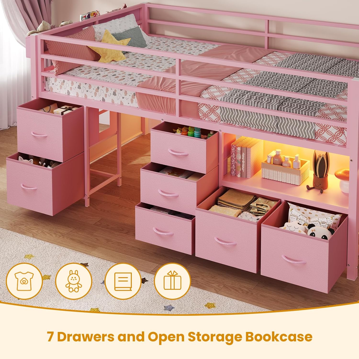 ADORNEVE Low Loft Bed Twin Size with 7 Storage Drawers, Bookcase and LED Lights, Metal Kids Loft Bed with 14" H Safety Guardrail,Inclined Ladder and Play Curtain, Under-Bed Play Space,Pink