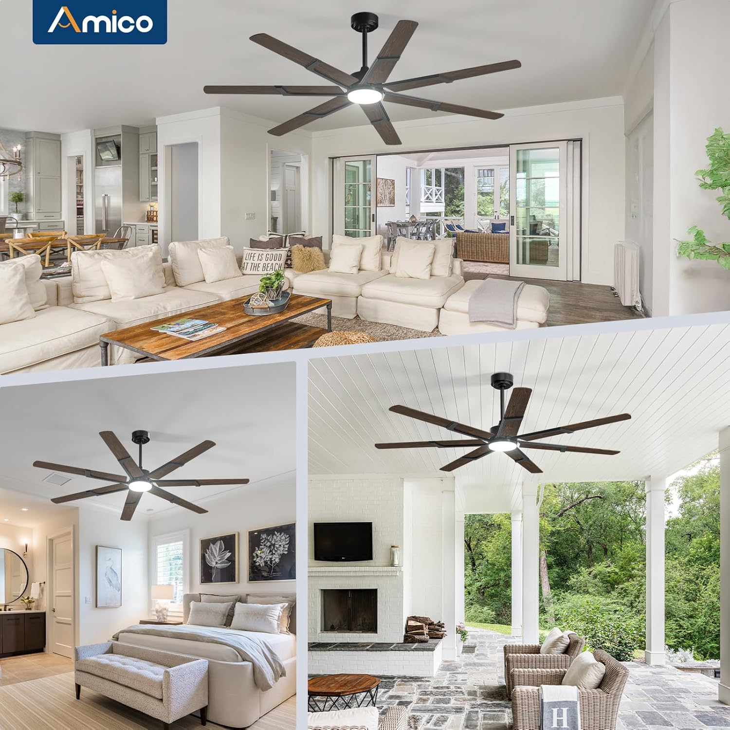Amico Ceiling Fans with Lights,66 inch Walnut Ceiling fan with Light and Remote, 6 Speed Reversible DC Motor, 3CCT, Dimmable, Quiet, Timer, Outdoor Ceiling Fans for Patios, Indoor/Outdoor