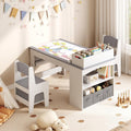 Kids Art Table and Chair Set, Wooden Toddler Activity Desk with Removable Tabletop Shelf and 5 Storage Drawers, Paper Pressing Rod & Roll Holder for Playroom, Nursery, Grey and White