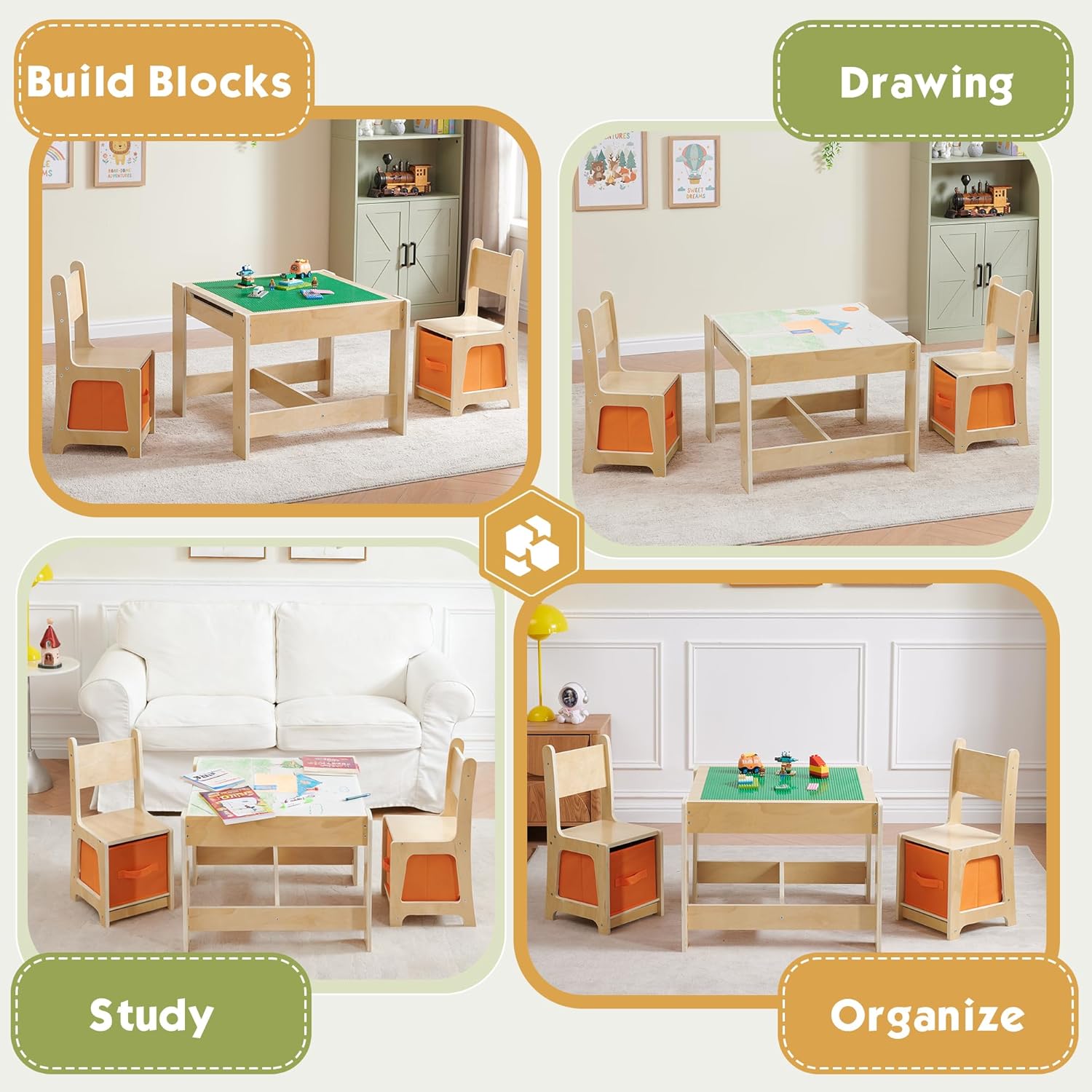 Wooden Kids Table and Chair Set, 3 in 1 Activity Table with Storage Drawer, 2 in 1 Detachable Tabletop Construction Play Table Set for Drawing, Reading