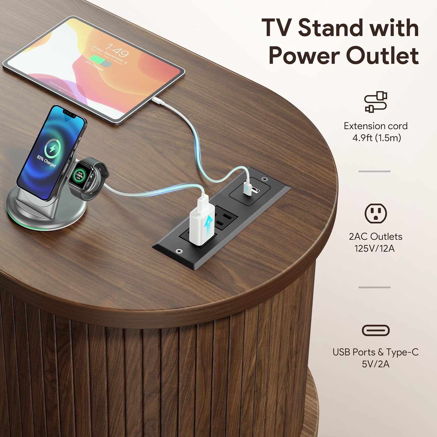 Decofy Mid Century TV Stand for TVs up to 80 Inches, Entertainment Center with Storage, Power Outlet, Fluted Sliding Doors & Adjustable Shelves, Modern Media TV Console Table for Living Room (Walnut)